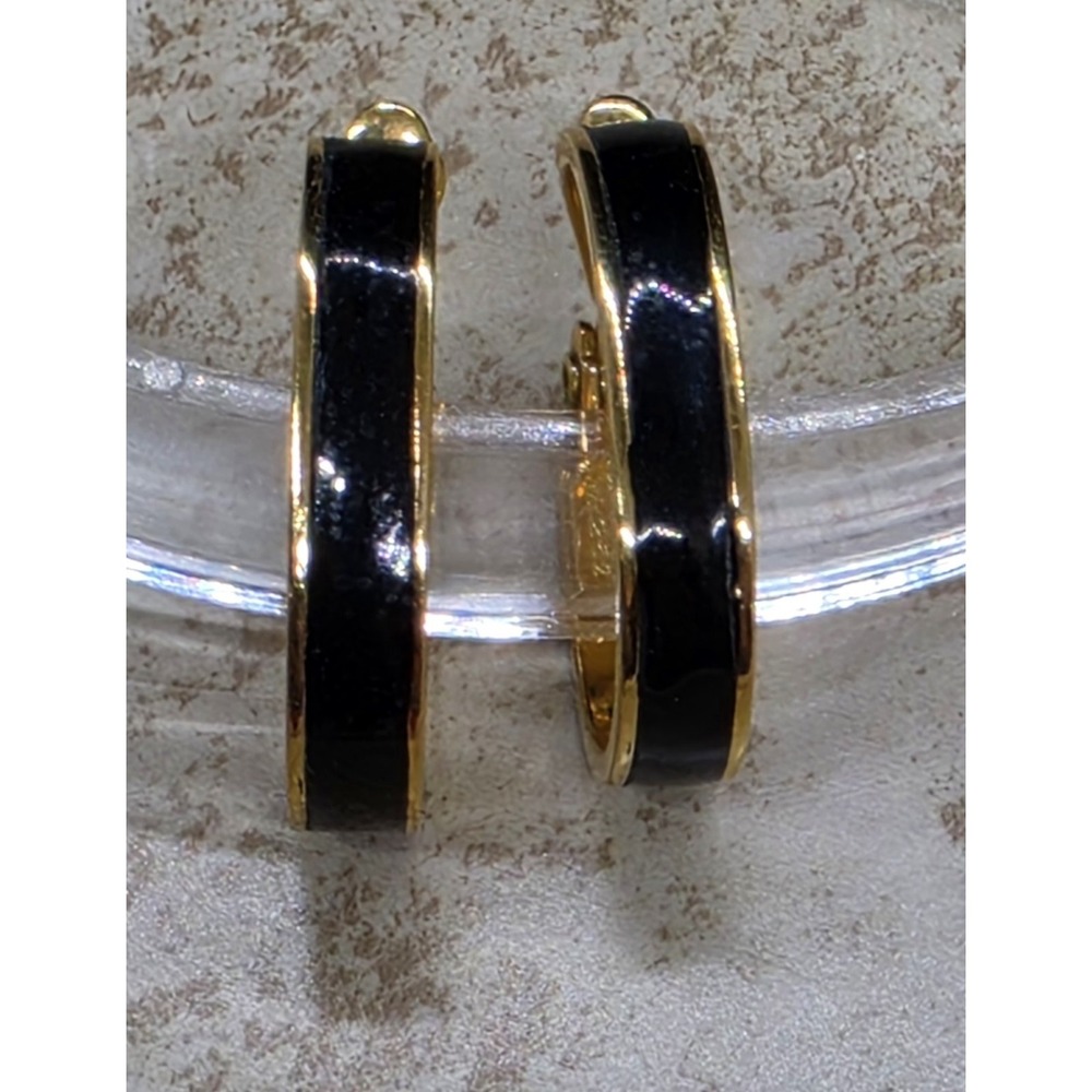 Vintage Monet 249.252 Black Enamel Hoop Earrings Gold Toned Hinged Pair